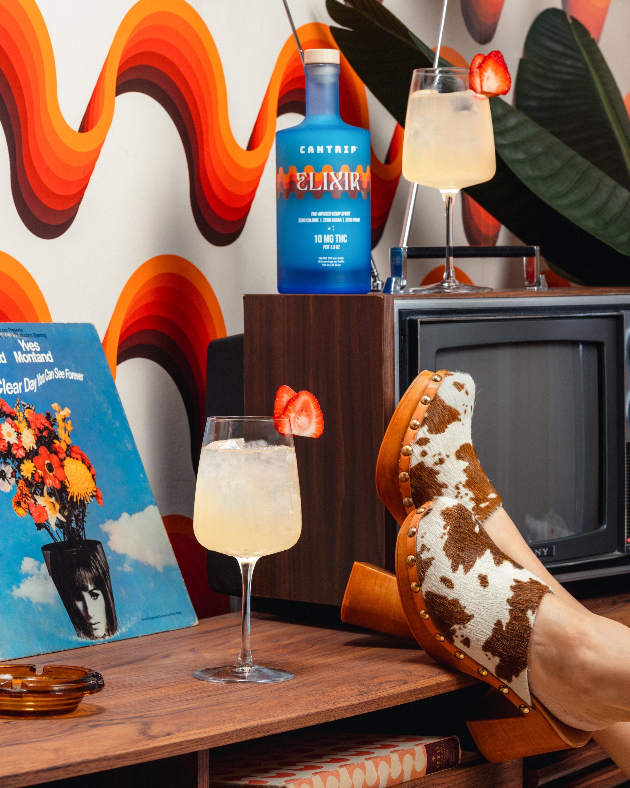 Retro Spritz Cocktail made with Cantrip Elixir non-alcoholic THC Spirit and sparkling wine