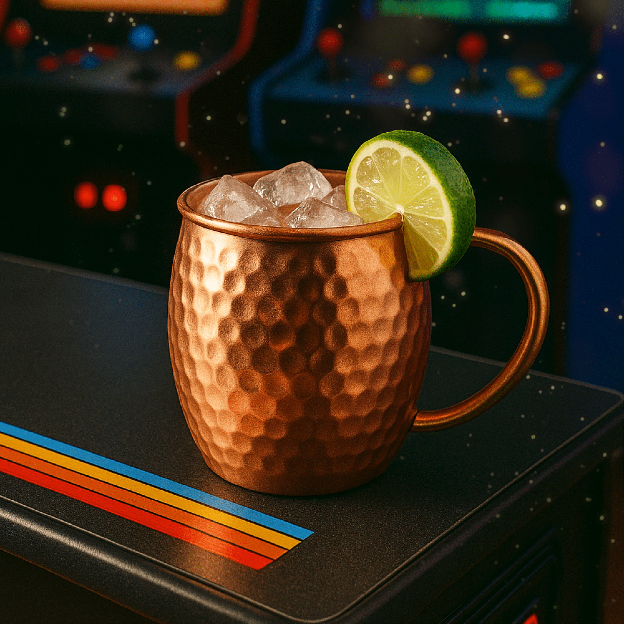 An Elixir Mule – a Moscow Mule made with a vodka substitute – sits on a bar in a copper mug with a lime wedge.