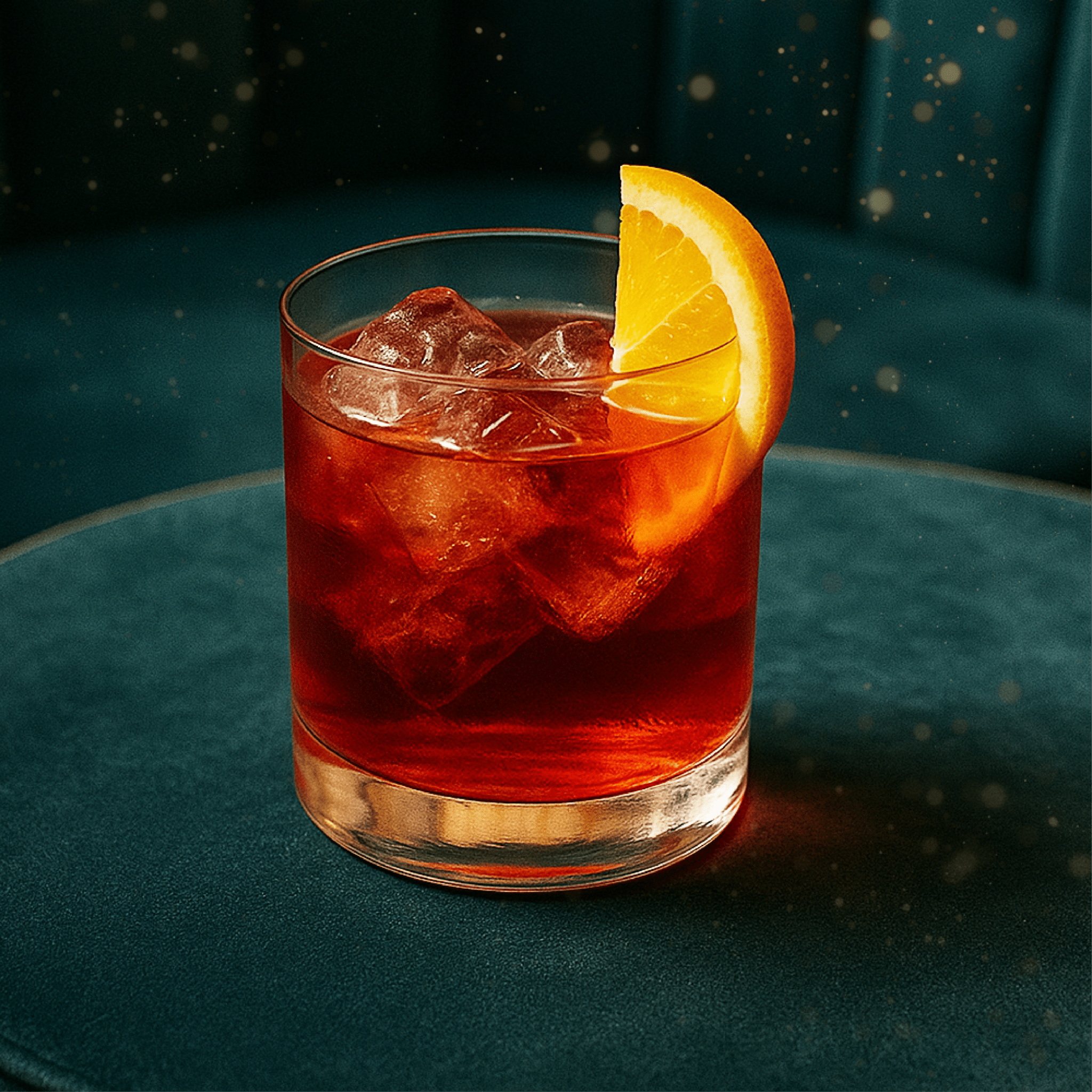 A non alcoholic Negroni on the rocks made with Cantrip Elixir and served in a lowball glass with an orange wedge.