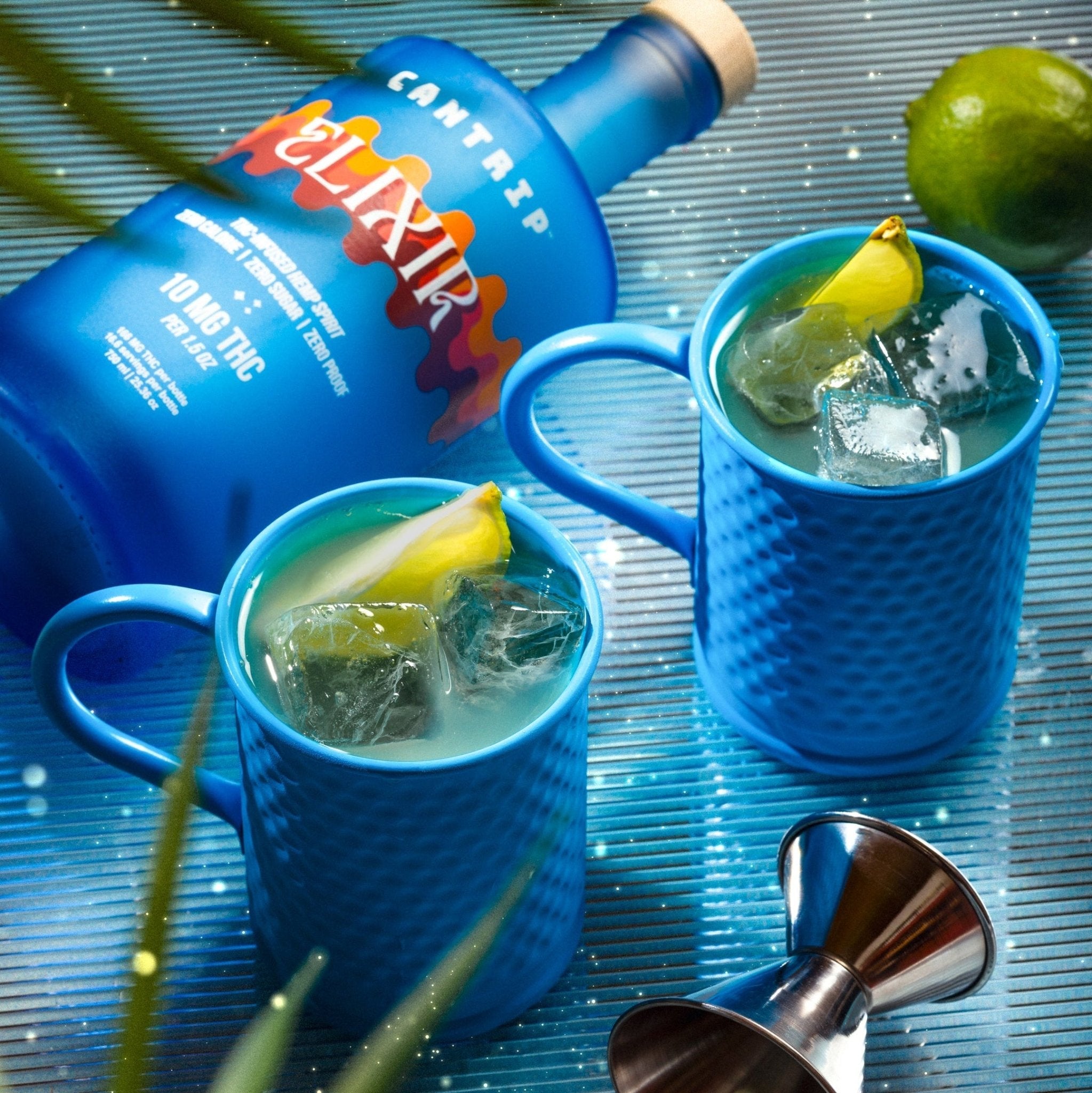 A blue bottle of Cantrip Elixir, a THC spirit