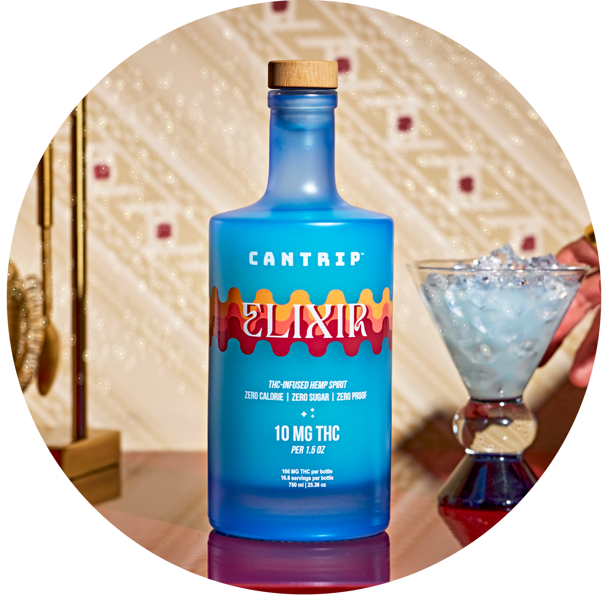 A blue bottle of Cantrip Elixir, a THC spirit