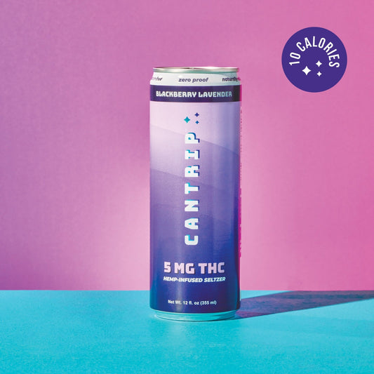 A purple can of Blackberry Lavender THC Seltzer set against a magenta background. A purple stamp reads, "10 calories."