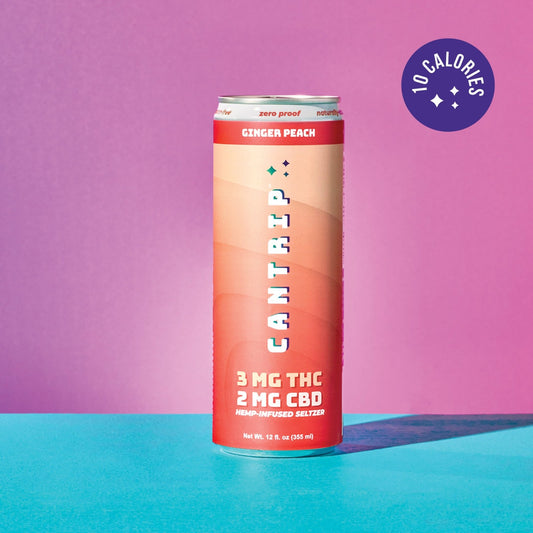 A peach-colored can of Cantrip Ginger Peach THC Seltzer set against a magenta background. A purple stamp reads, "10 calories."