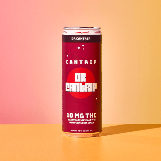 A deep red can of 10 MG THC Dr. Cantrip Soda. The label reads, zero-proof, 2 servings of 5 MG THC hemp-infused soda.
