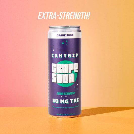 A purple can of Cantrip 50 MG THC grape soda. The pink-to-peach gradient background reads, "extra strength."