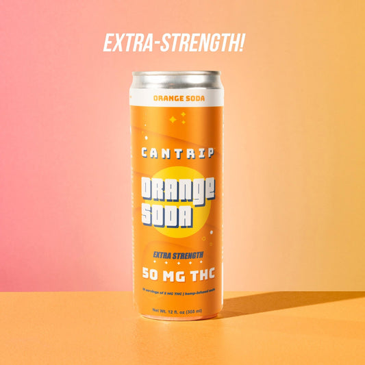 An orange can of Cantrip 50 MG THC orange soda. The pink-to-orange gradient background reads, "extra strength."