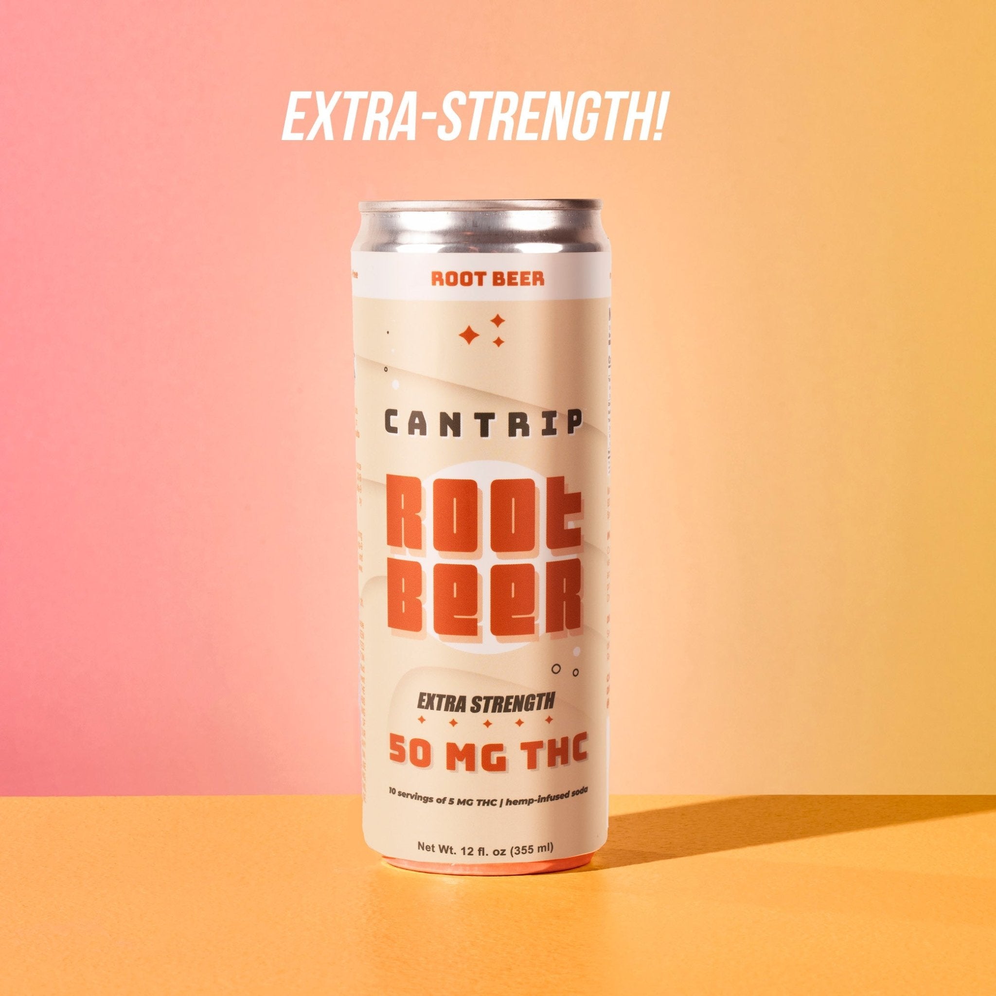 A cream-colored can of Cantrip 50 MG THC root beer. The pink-to-orange gradient background reads,