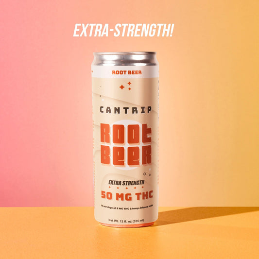 A cream-colored can of Cantrip 50 MG THC root beer. The pink-to-orange gradient background reads, "extra strength."