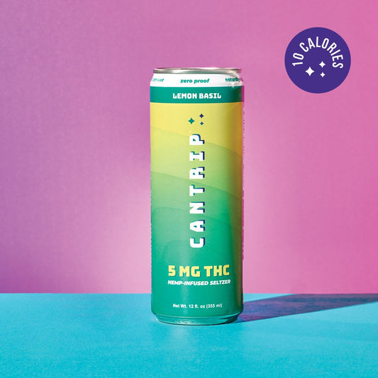 A green and yellow can of Cantrip Lemon Basil THC Seltzer against a magenta background. A purple stamp reads 10 calories.