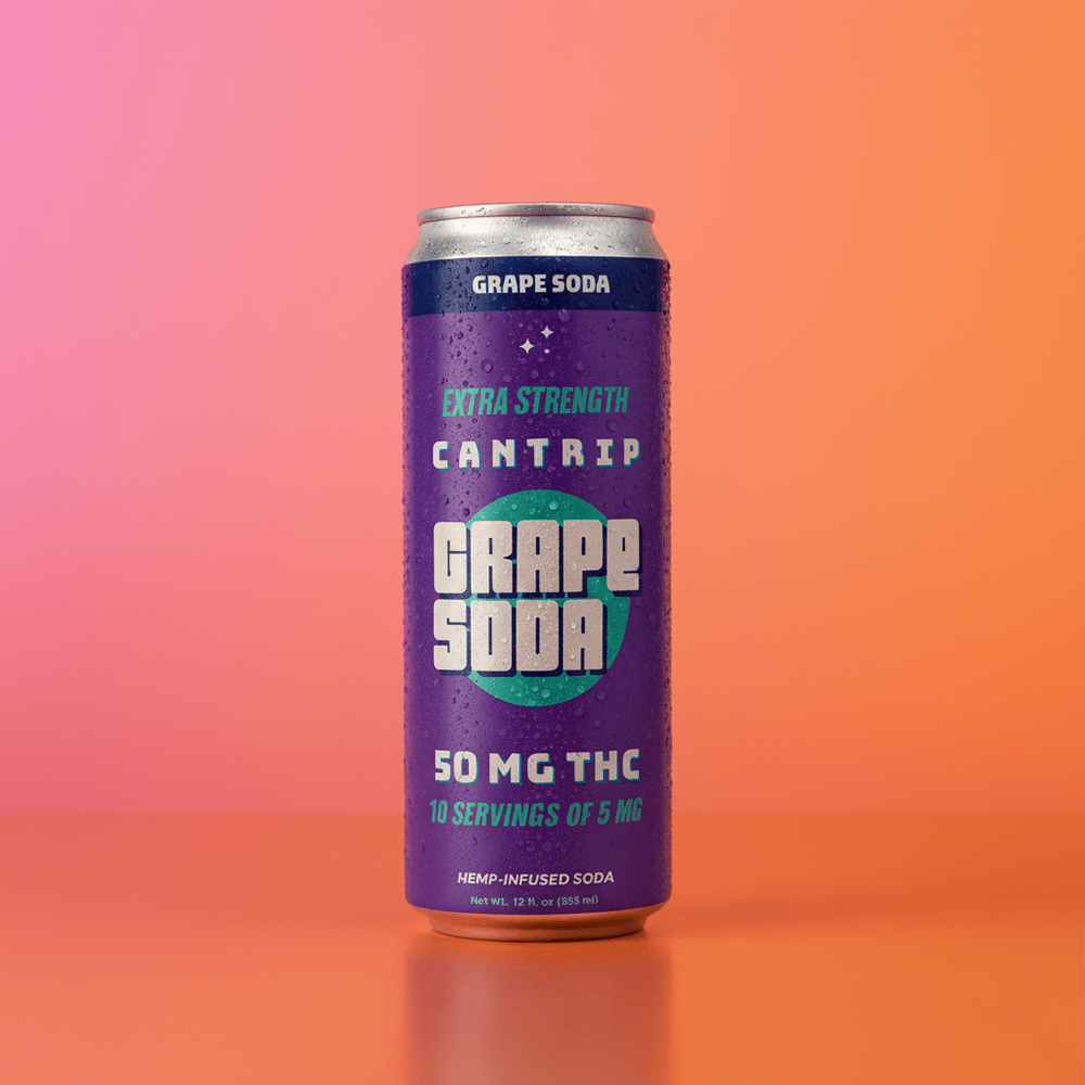 A purple can of extra-strength Cantrip Grape Soda, made with 50 mg of THC, set against a pink and peach gradient background