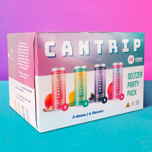A pink, green, and white Cantrip party pack box showing cans of Ginger Peach, Lemon Basil, Blackberry Lavender, and Grapefruit Hibiscus THC seltzer.