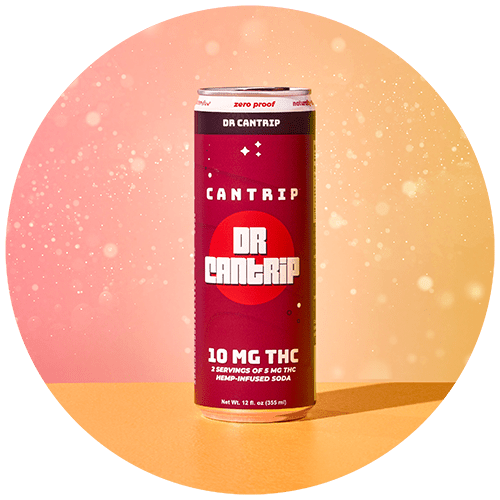 A cranberry colored can of 10 MG Dr. Cantrip Soda