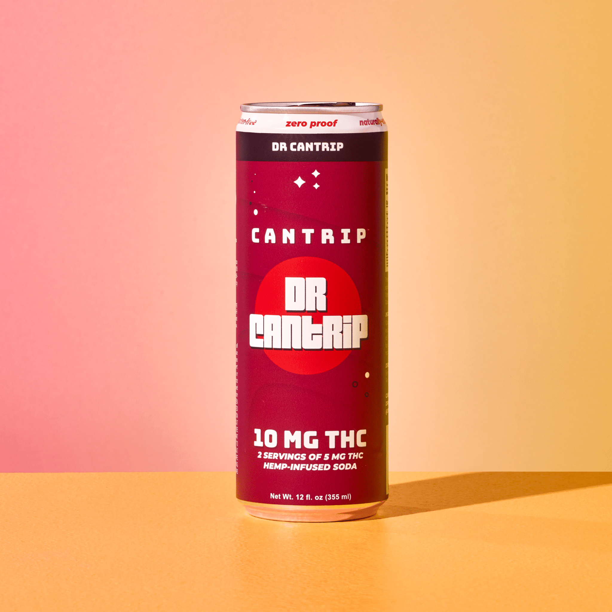 A deep red can of 10 MG THC Dr. Cantrip Soda. The label reads, zero-proof, 2 servings of 5 MG THC hemp-infused soda.