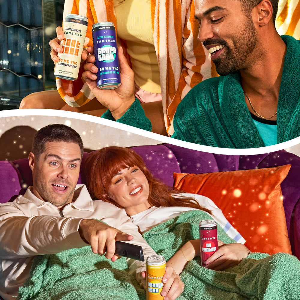 A split photo: A man in a green robe clinks his Cantrip Grape Soda against his partner's Root Beer; below, a man smiles and points at the TV. He and his girlfriend are holding Cantrip THC sodas.
