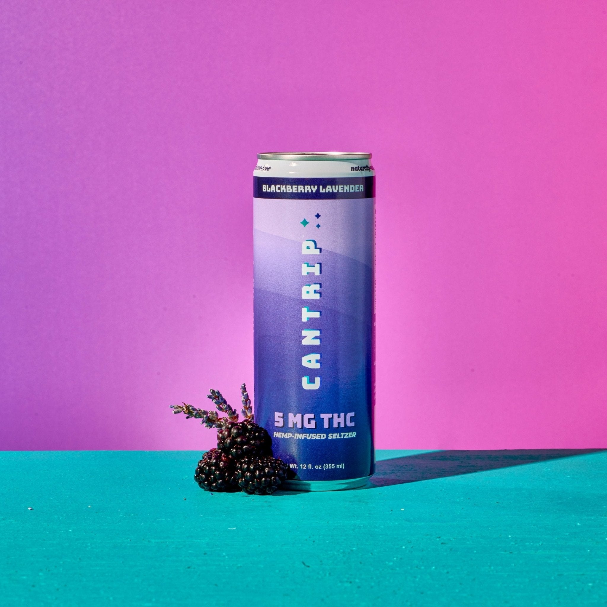 A purple can of Cantrip Blackberry Lavender THC Seltzer. The can reads, 