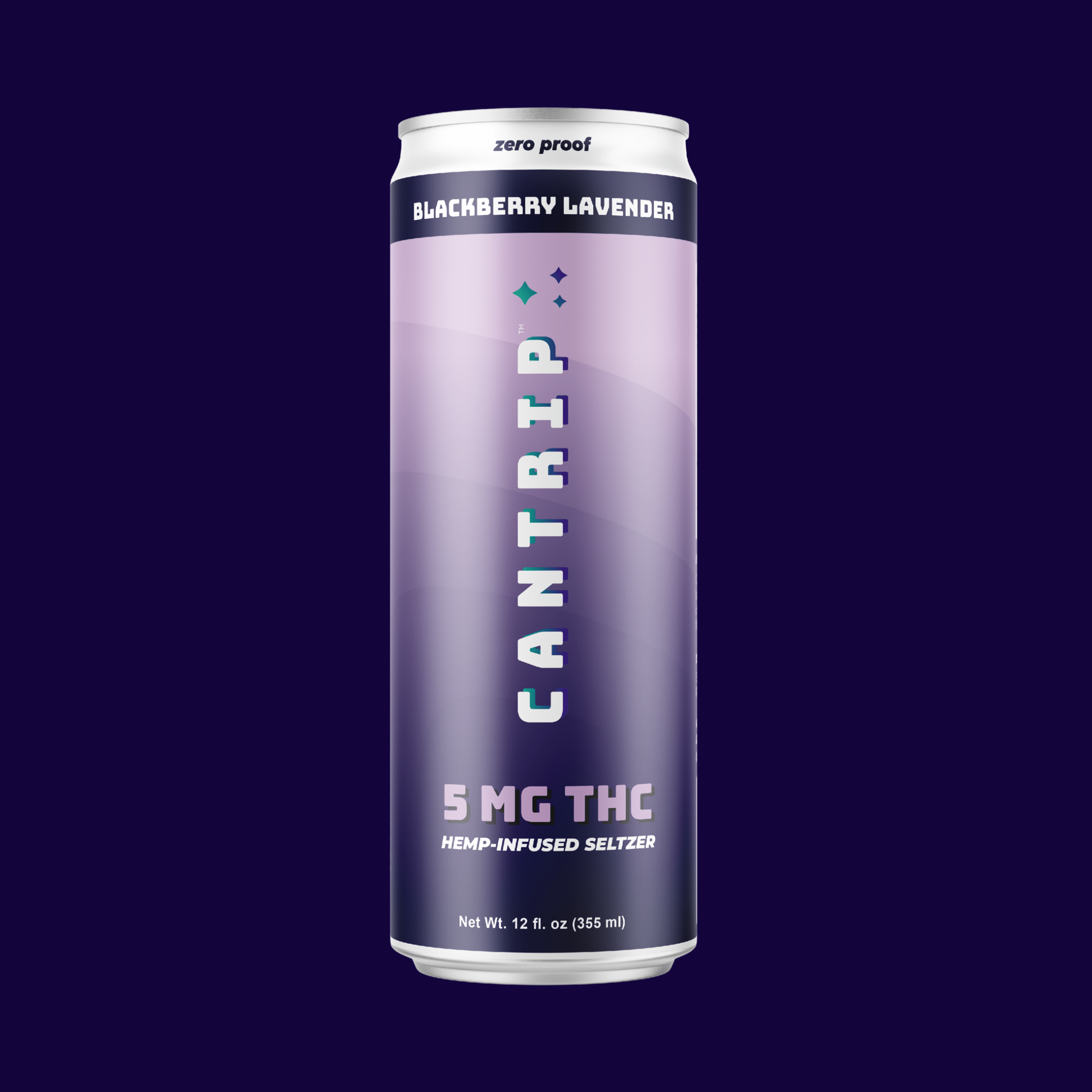 A purple can of Cantrip Blackberry Lavender THC Seltzer. The can reads, 