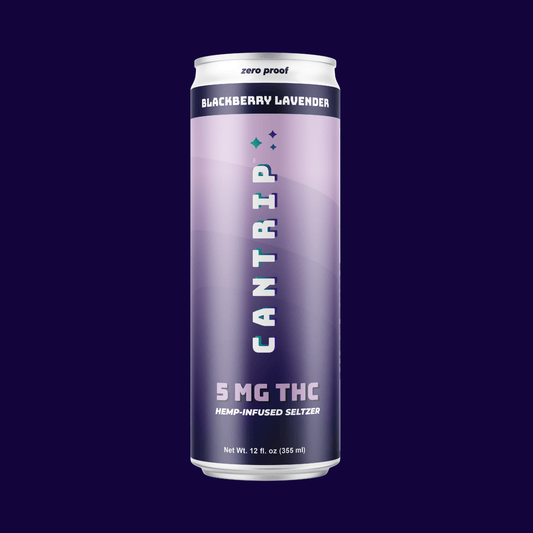 A purple can of Cantrip Blackberry Lavender THC Seltzer. The can reads, "Zero proof. 5 MG THC. Hemp-infused seltzer."