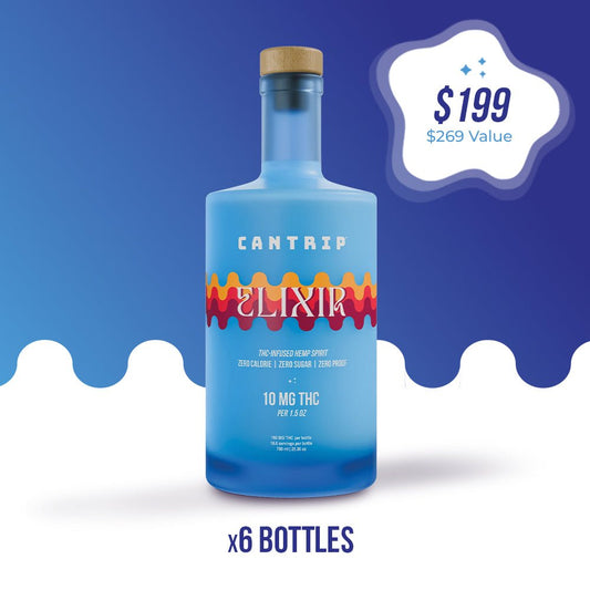 A blue bottle of Cantrip Elixir from the Bottles Before Turkey bundle.