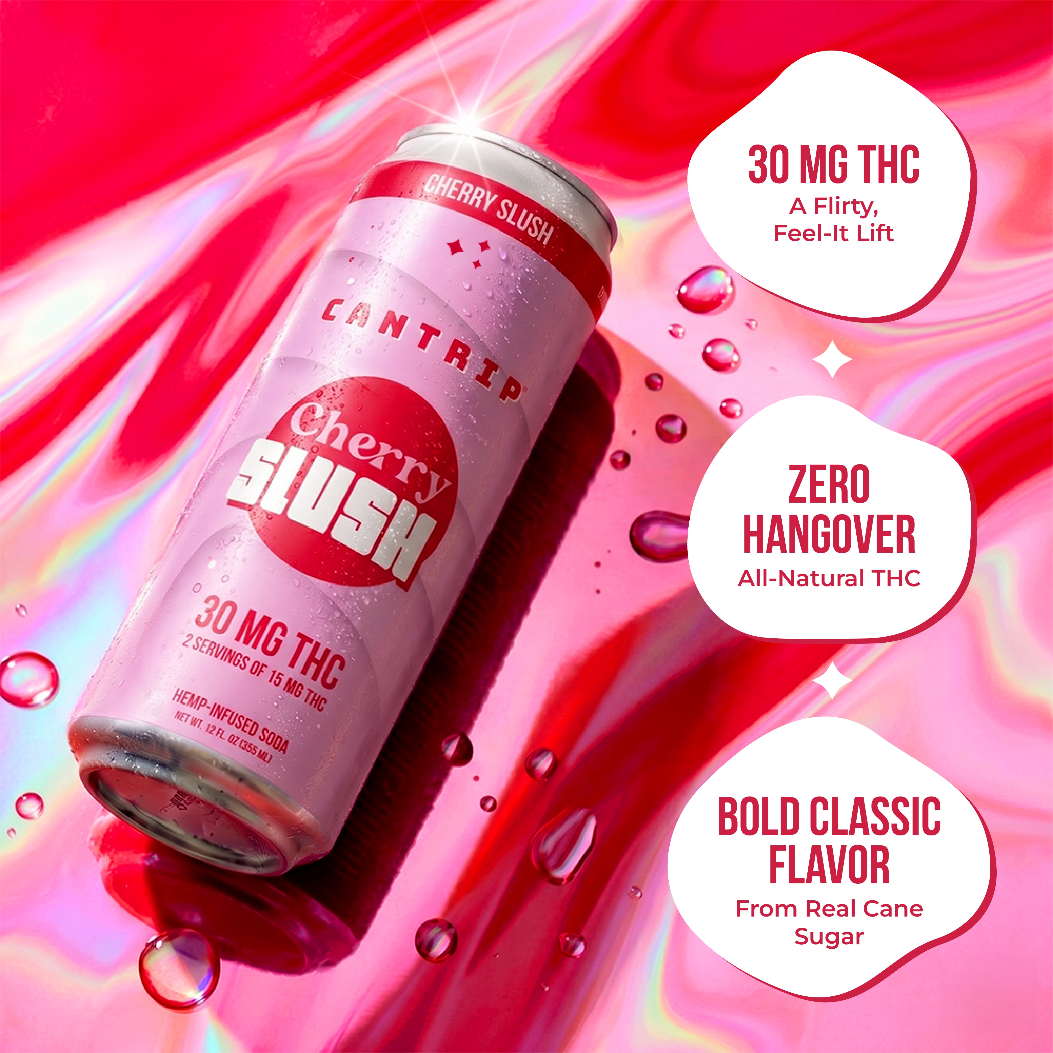 Can of Cantrip Cherry Slush THC drink on a red abstract background with water droplets and text highlighting 30 mg THC and zero hangover