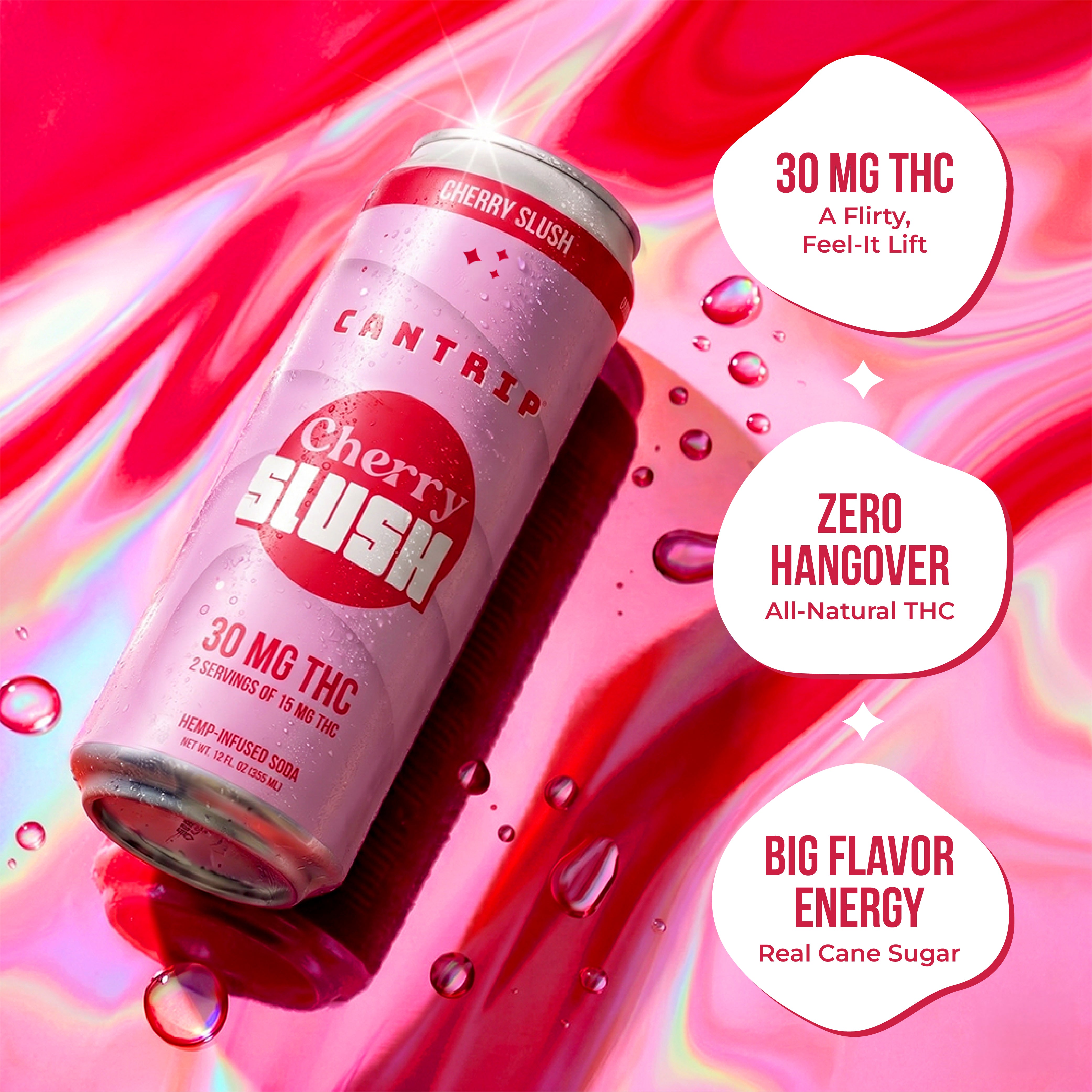 Can of Cantrip Cherry Slush THC drink on a red abstract background with water droplets, with text showing 30 mg THC and zero hangover