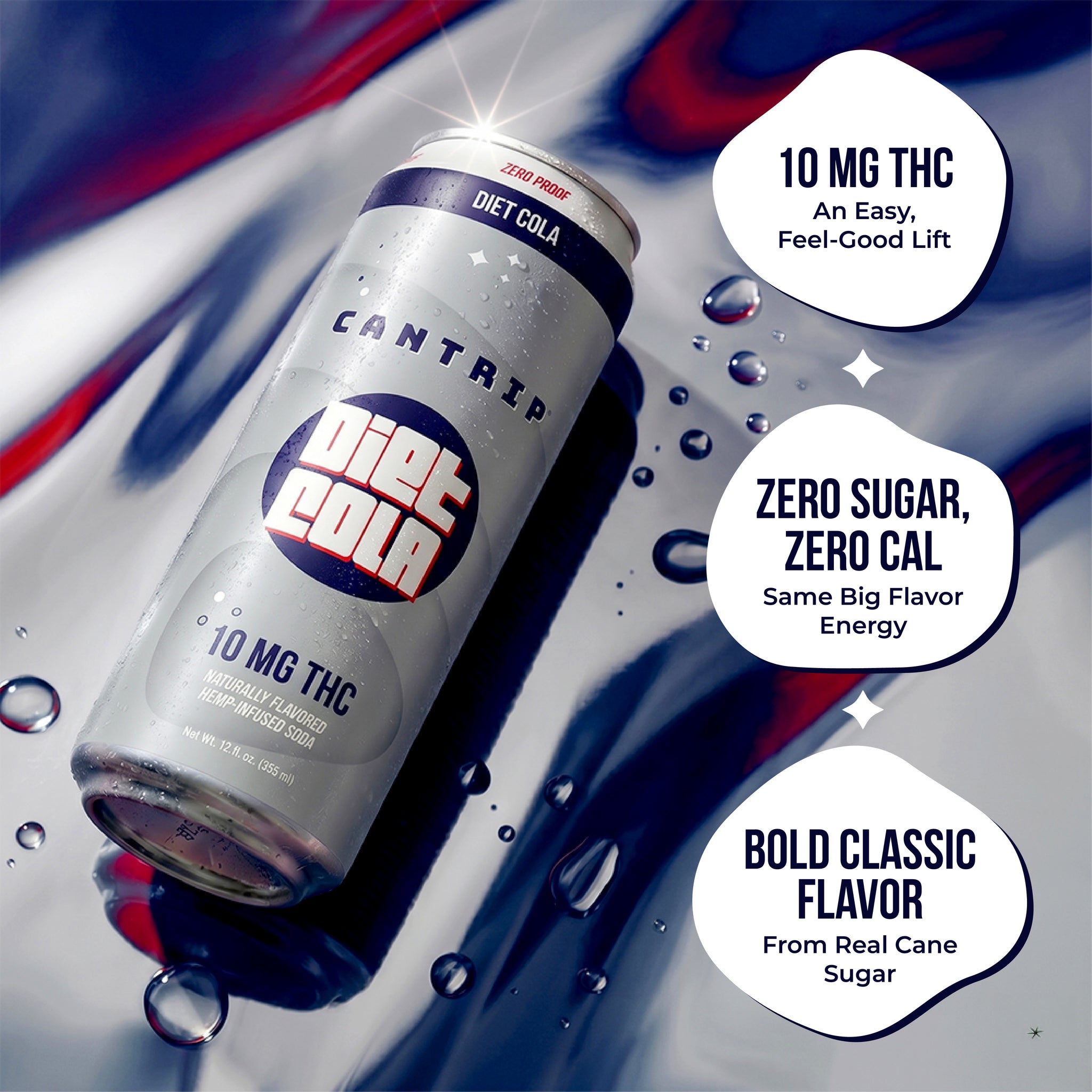 Can of Cantrip Diet Cola THC drink on a gray blue and red abstract background with water droplets, with text highlighting 10 mg THC and zero hangover