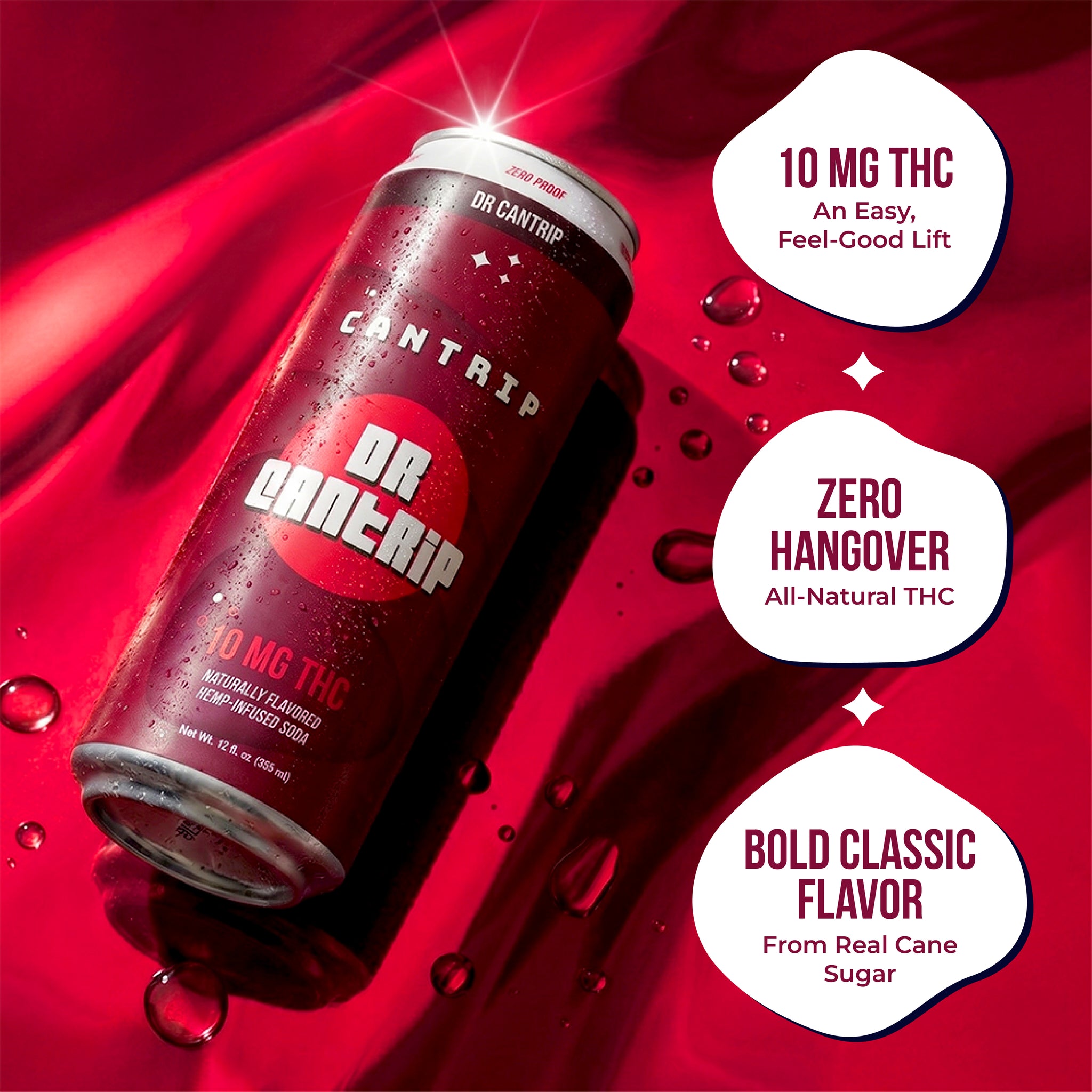 Can of Cantrip Dr Cantrip THC drink on a red and burgundy abstract background with water droplets, with text highlighting 10 mg THC and zero hangover