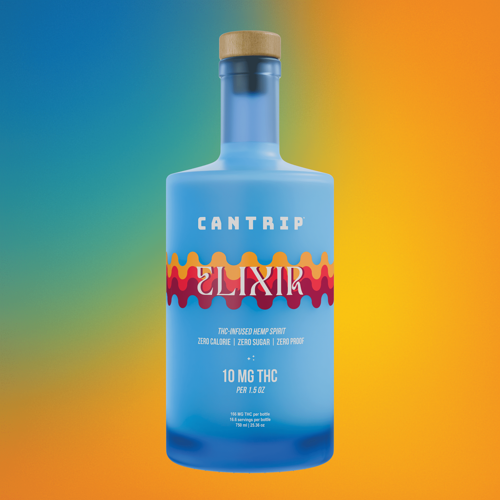 A blue bottle of THC spirit, Cantrip Elixir, set against a blue-to gold background gradient.