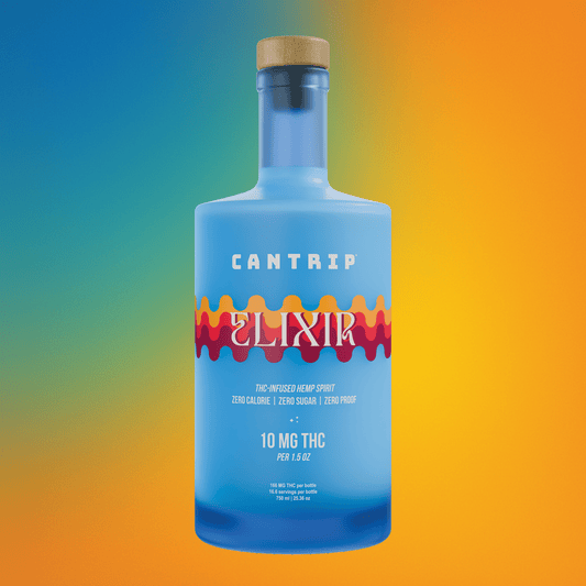 A blue bottle of THC spirit, Cantrip Elixir, set against a blue-to gold background gradient.