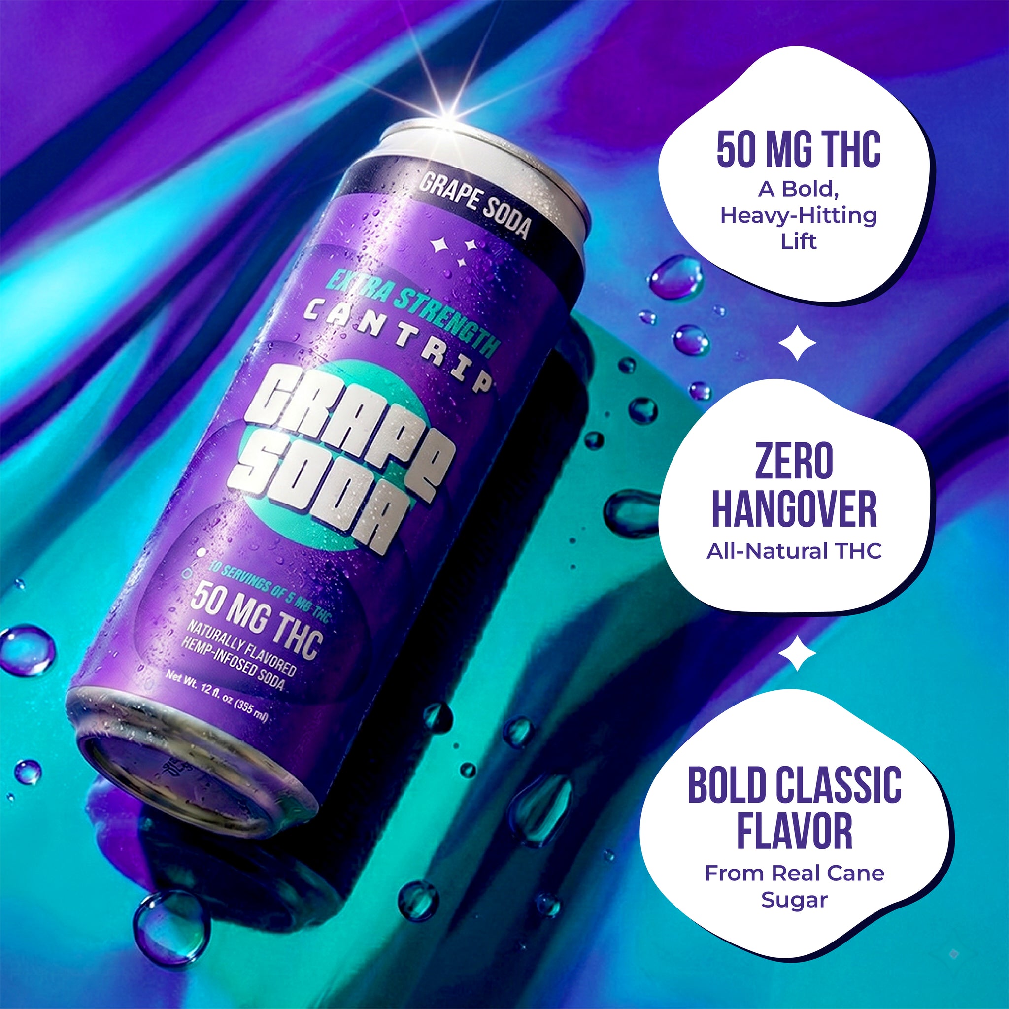 Can of Cantrip Grape Soda THC drink on a purple and blue abstract background with water droplets, with text highlighting 50 mg THC and zero hangover