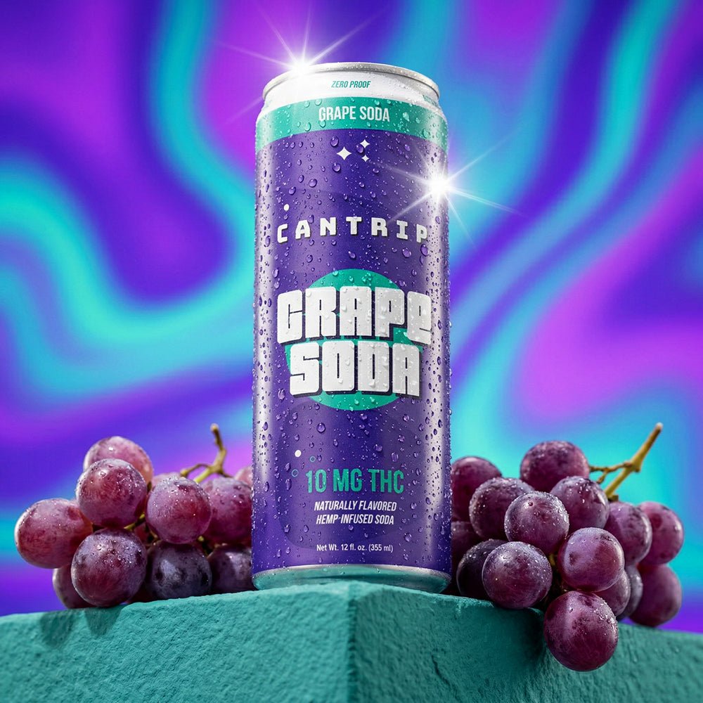 Can of Cantrip Grape Soda THC drink with grapes on either side against a purple and teal background