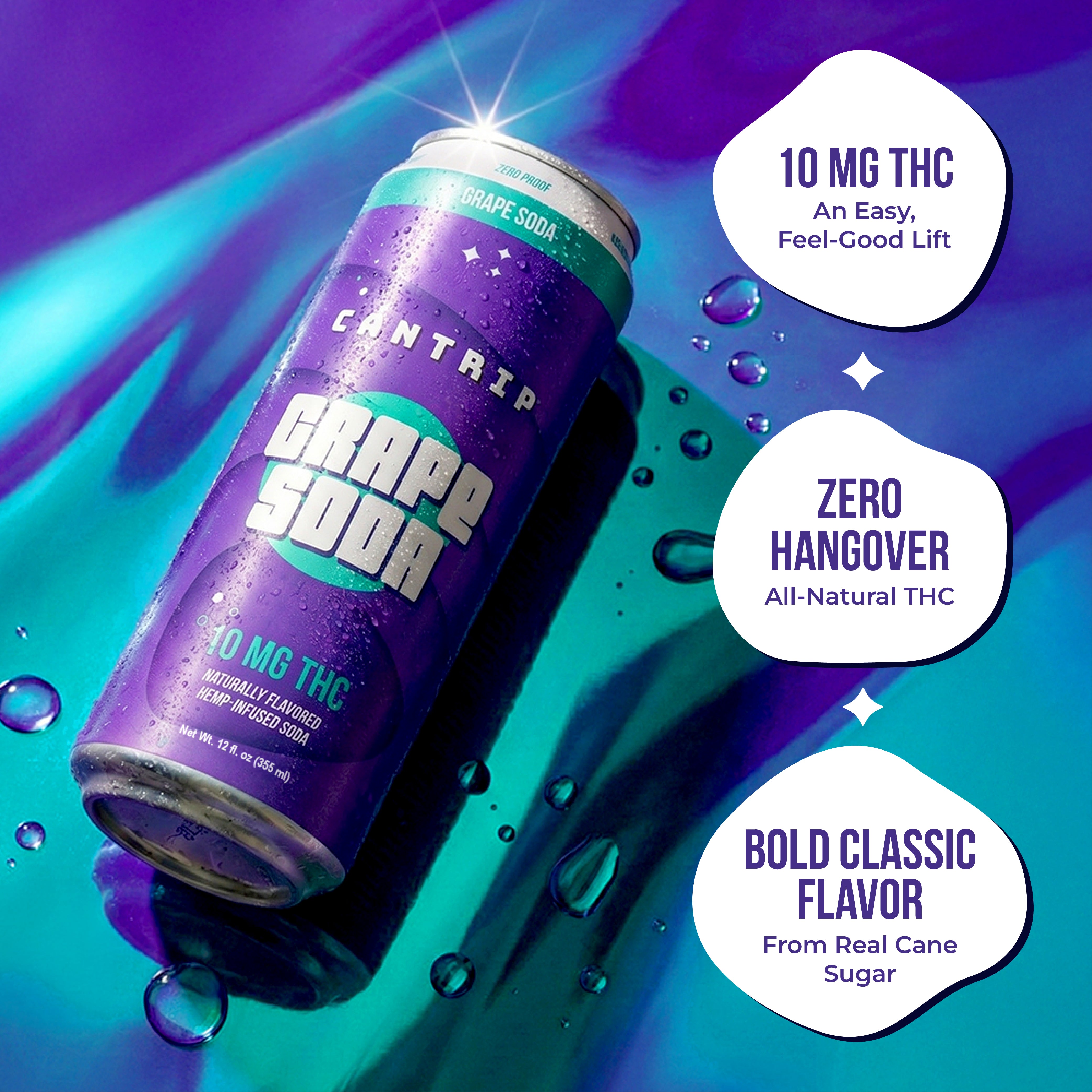 Can of Cantrip Grape THC drink on a blue and purple abstract background with water droplets, with text highlighting 10 mg THC and zero hangover