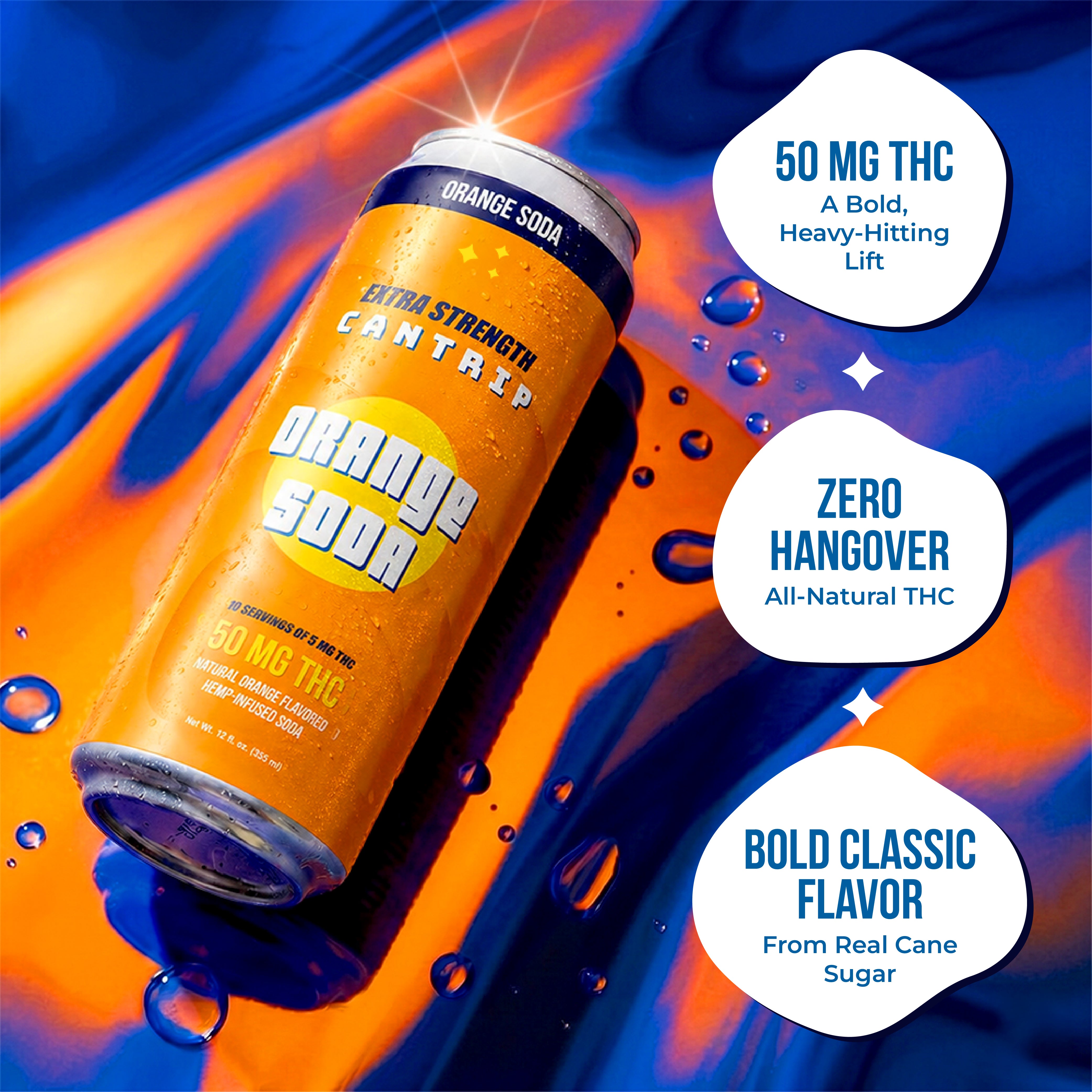 Can of Cantrip Orange Soda THC drink on an orange and blue abstract background with water droplets, with text highlighting 50 mg THC and zero hangover