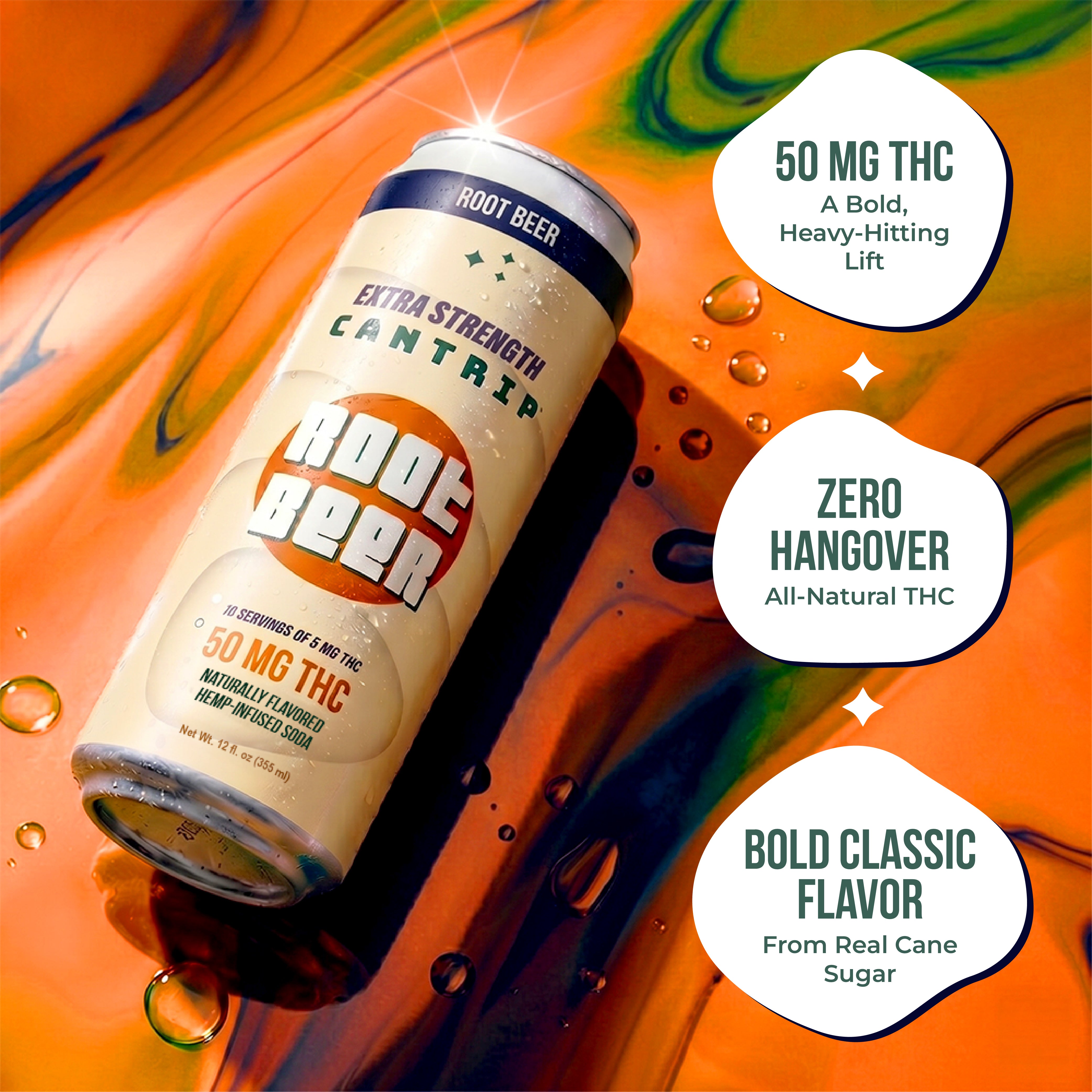 Can of Cantrip Root Beer Soda THC drink on an orange and green abstract background with water droplets, with text highlighting 50 mg THC and zero hangover