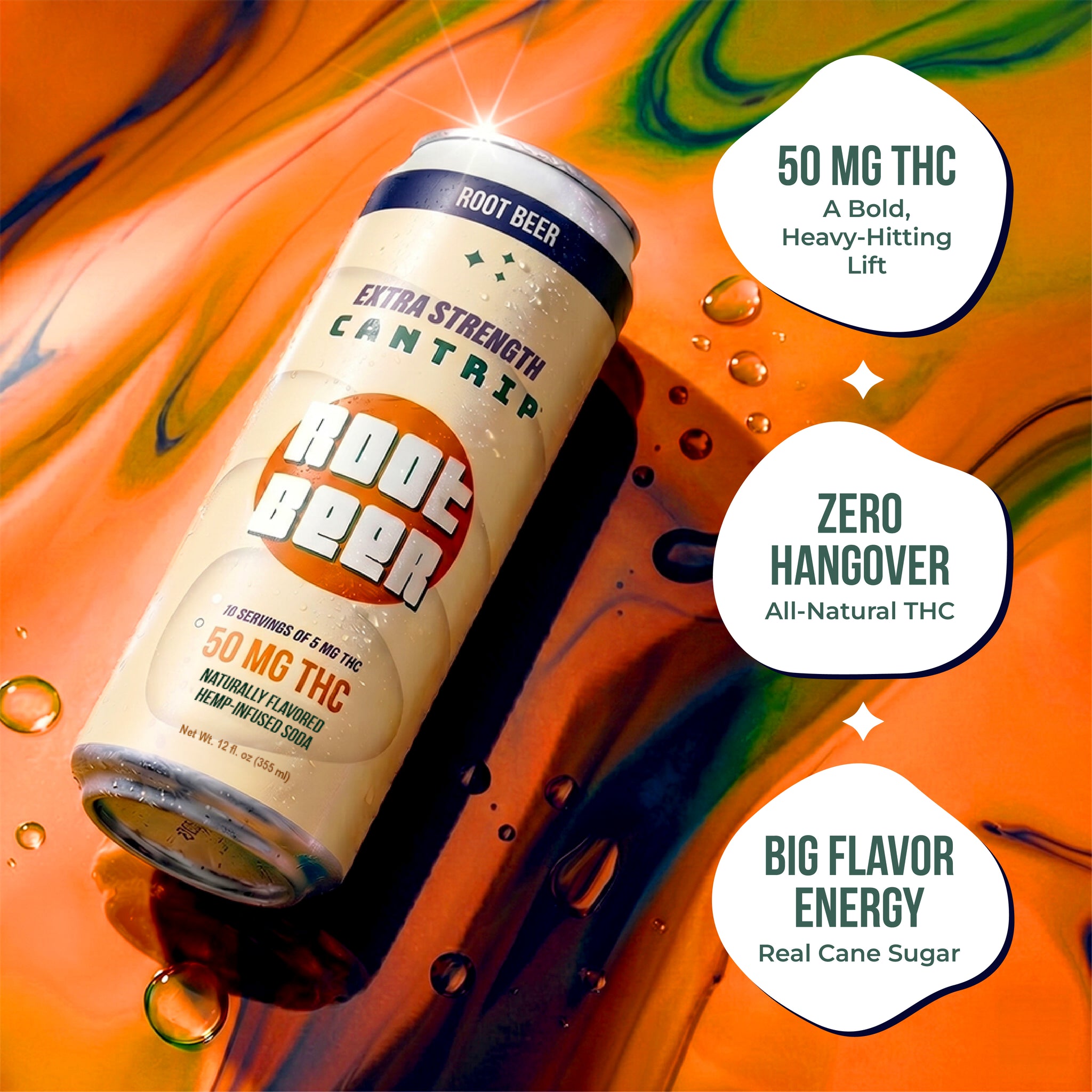 Can of Cantrip Root Beer THC drink on an orange and green abstract background with water droplets, with text highlighting 50 mg THC and zero hangover