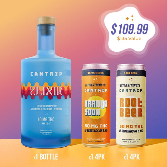 Drinks from the Cousin's Corner Bundle: A blue bottle of Cantrip Elixir, an orange can of Cantrip Orange Soda, and a cream-colored can of Cantrip Root Beer