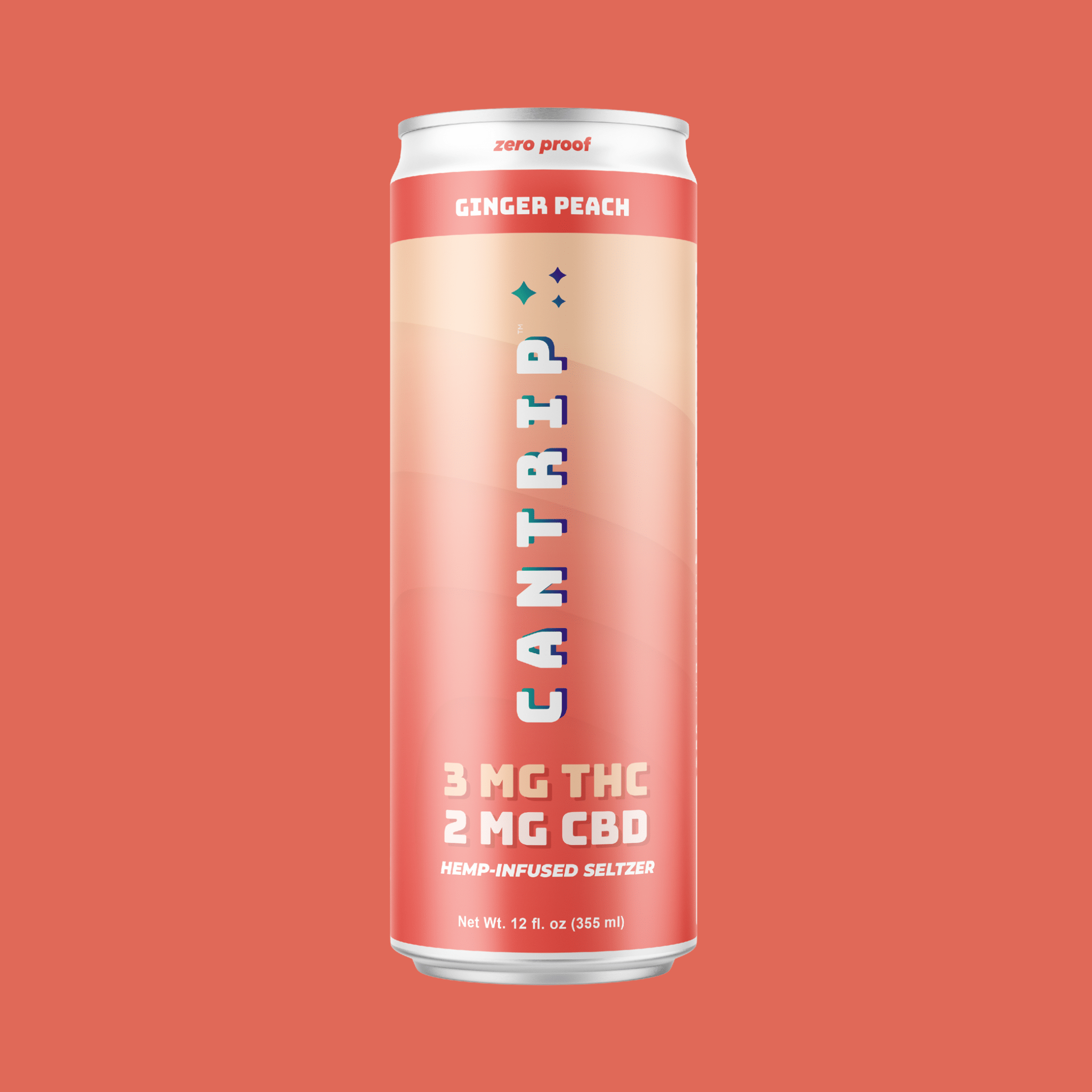 A peach-colored can of Cantrip Ginger Peach THC Seltzer. The can reads, 