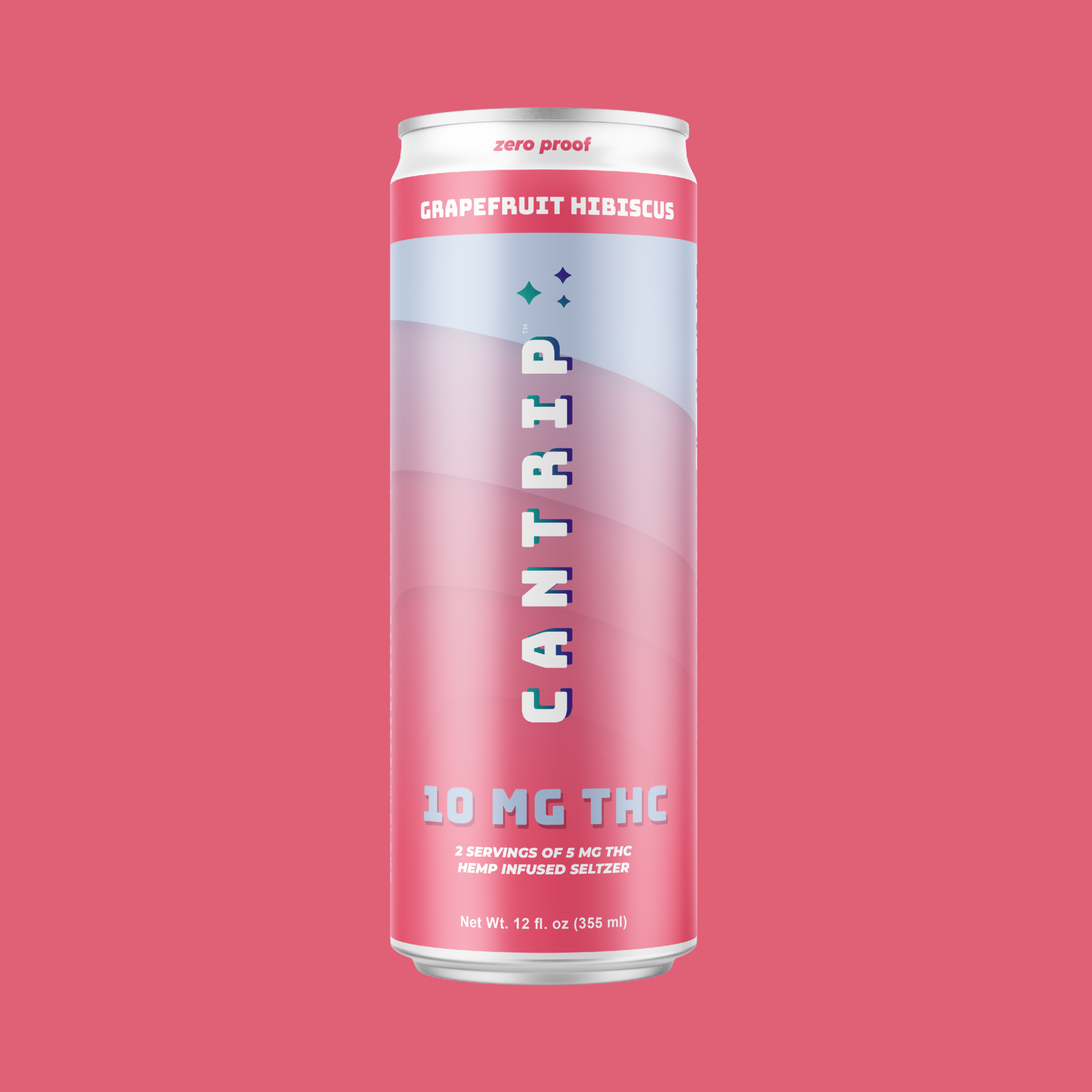 A pink and blue can of Cantrip Grapefruit Hibiscus THC Seltzer. The can reads, 