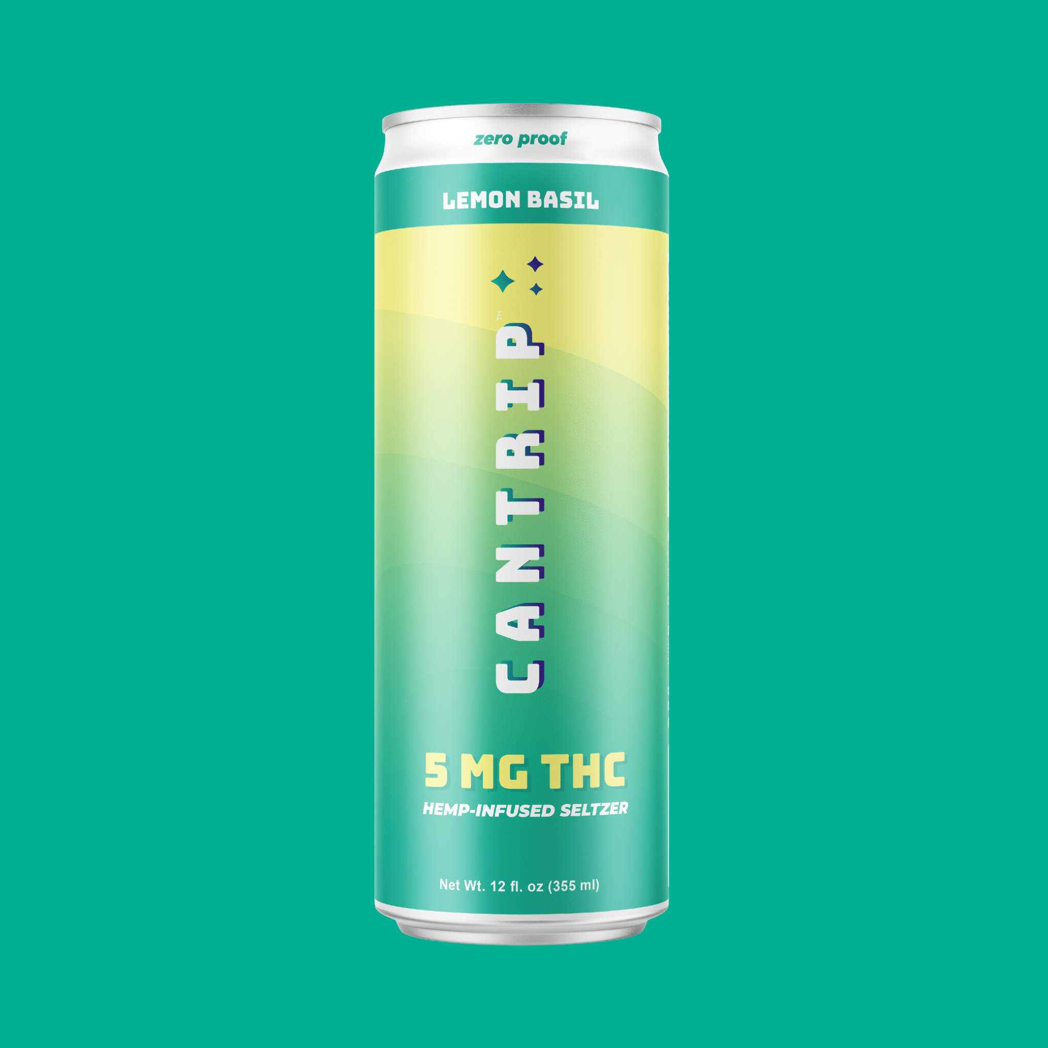 A green and yellow can of Cantrip Lemon Basil THC Seltzer (5 MG). The can reads, 