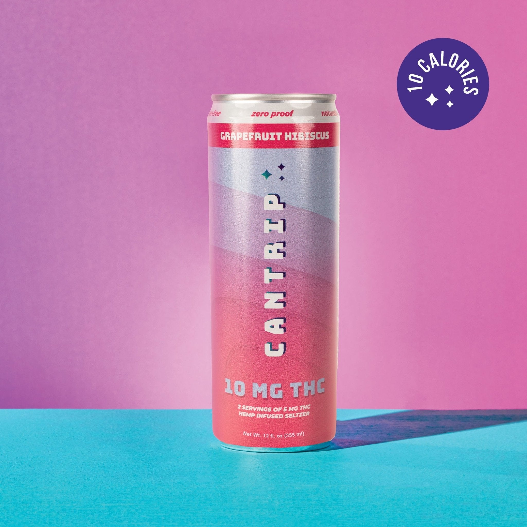 A pink can of Cantrip 10 MG Grapefruit Hibiscus THC seltzer. A purple stamp says 10 calories.