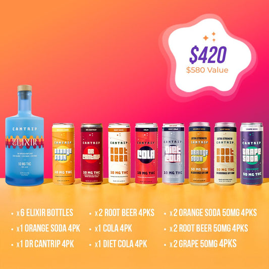 Cantrip THC drinks lined up side by side, including 10 MG Elixir, 10 MG Orange Soda, 10 MG Dr. Cantrip, 10 MG Root Beer, 10 MG Cola, 10 MG Diet Cola, 50 MG Orange Soda, 50 MG Root Beer, and 50 MG Grape Soda