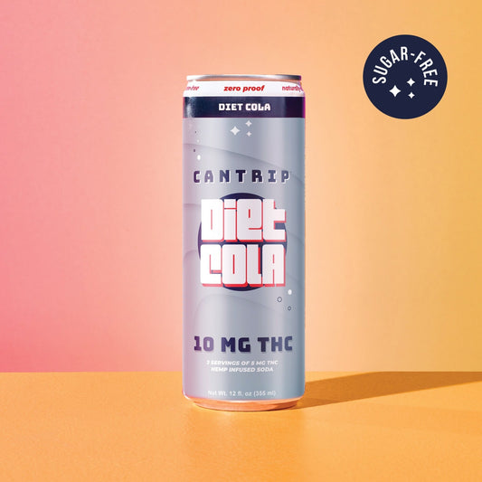 A silver can of Cantrip Diet Cola with 10 MG of THC. A purple stamp says sugar-free.