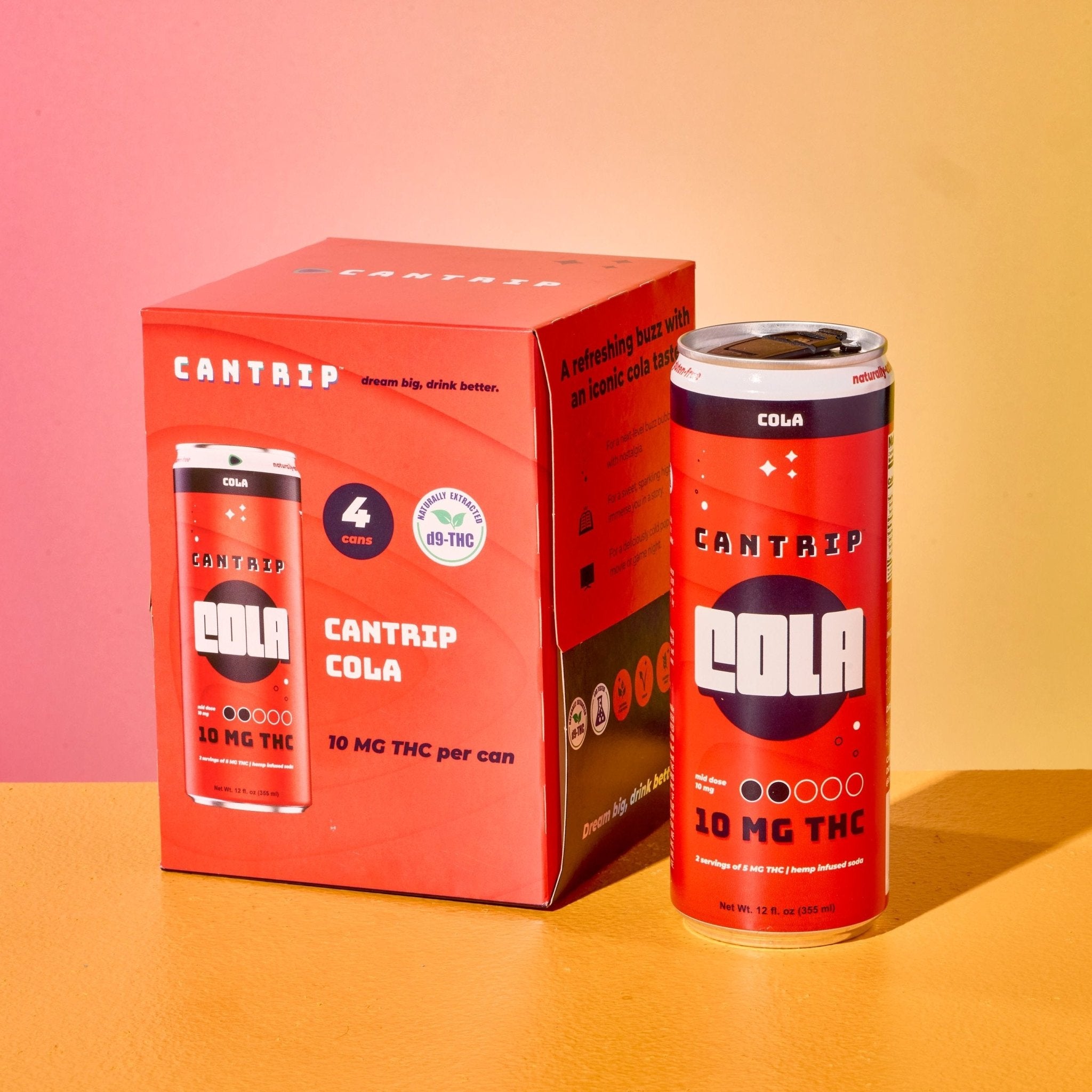 A red can of Cantrip THC Cola (10 MG). It reads, 