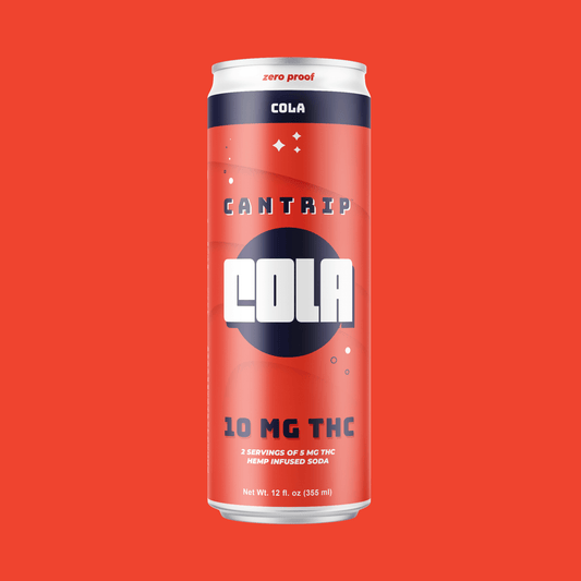 A red can of Cantrip THC Cola (10 MG). The can reads, "Zero proof. 2 servings of 5 MG THC. Hemp infused soda."