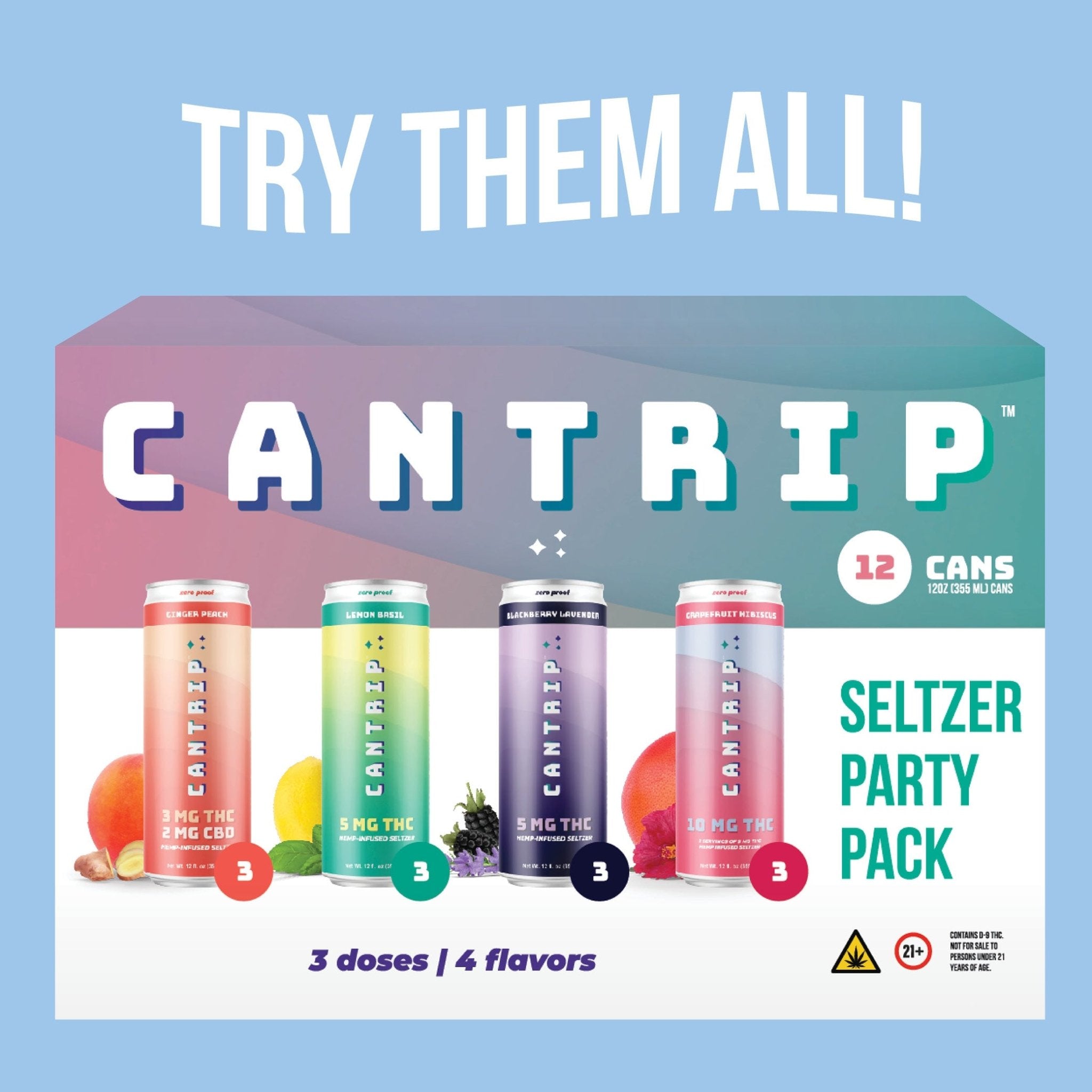 A Cantrip THC Seltzer Party Pack, featuring Ginger Peach, Lemon Basil, Blackberry Lavender, and Grapefruit Hibiscus. The graphic reads, Try them all! 12 cans. 3 doses. 4 flavors.